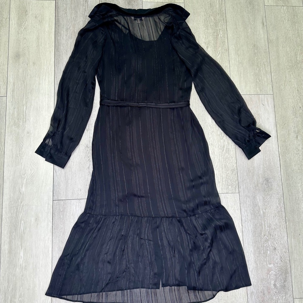Nanette Lapore black sheer chiffon button up tie front long sleeve dress size 8 - Picture 3 of 9